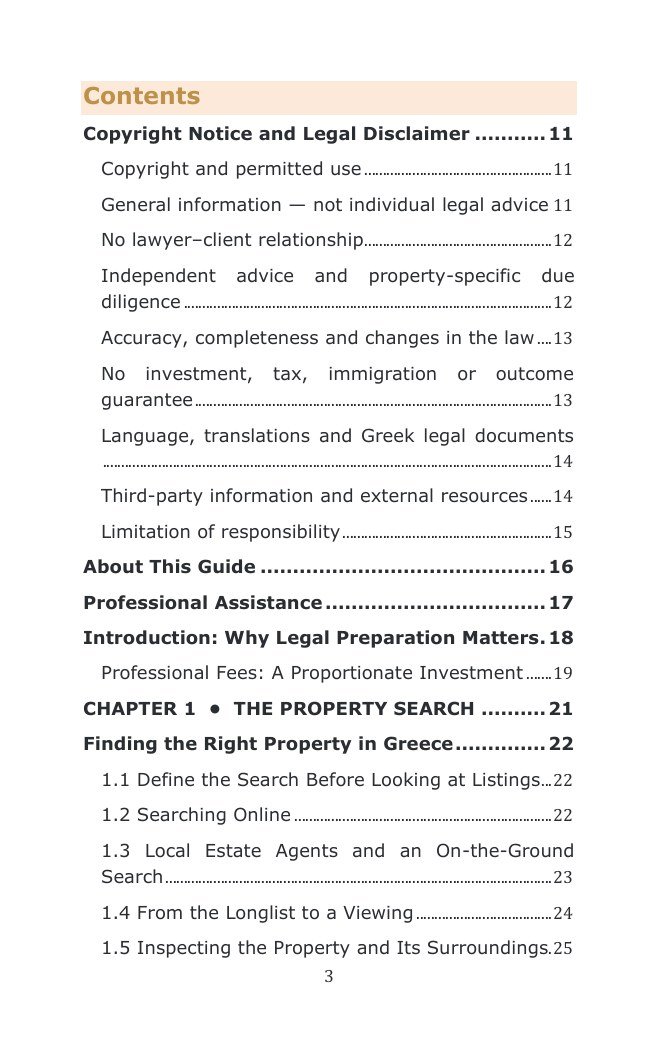 Contents page showing the legal guide's property purchase chapters