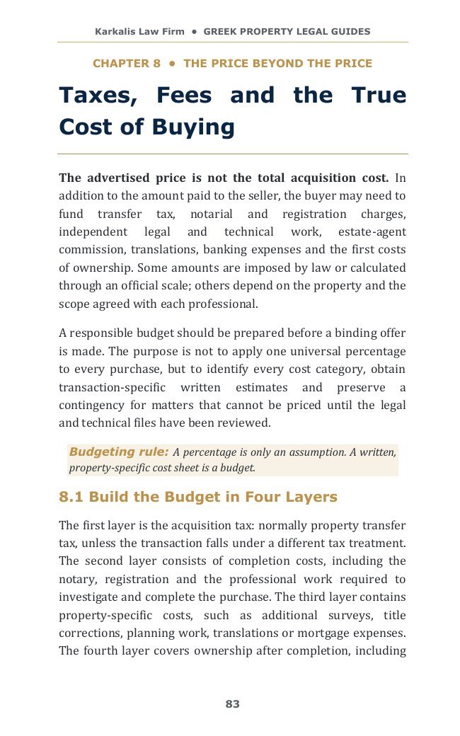 Book excerpt explaining taxes, fees and the true cost of buying property in Greece