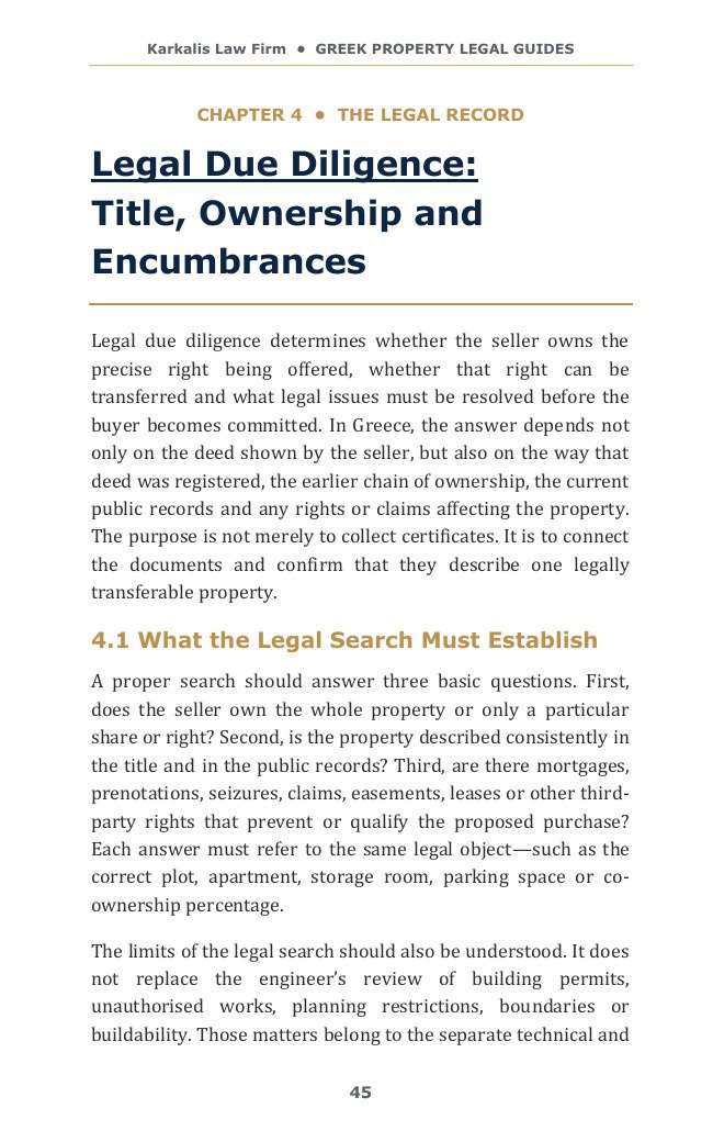 Book excerpt about legal due diligence, title, ownership and encumbrances in Greece