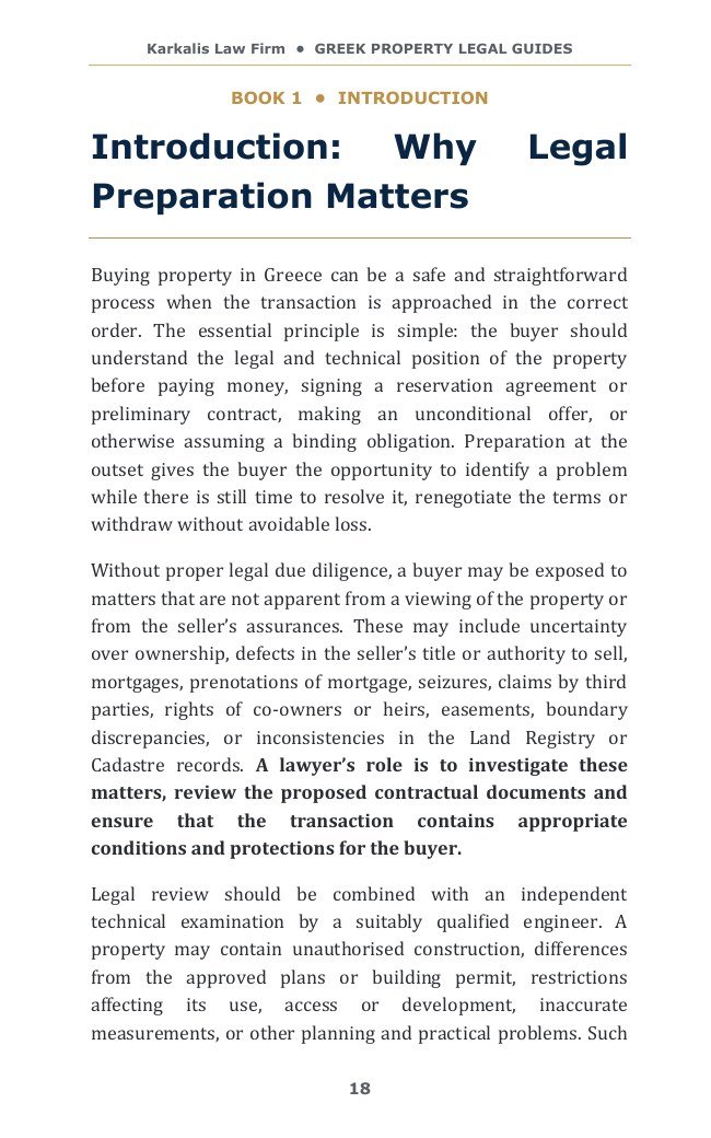 Book excerpt explaining why legal preparation matters before buying property in Greece