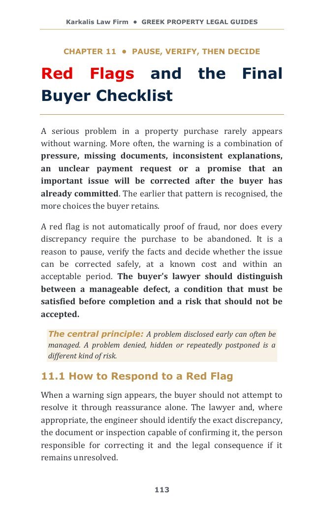 Book excerpt covering property purchase red flags and the final buyer checklist
